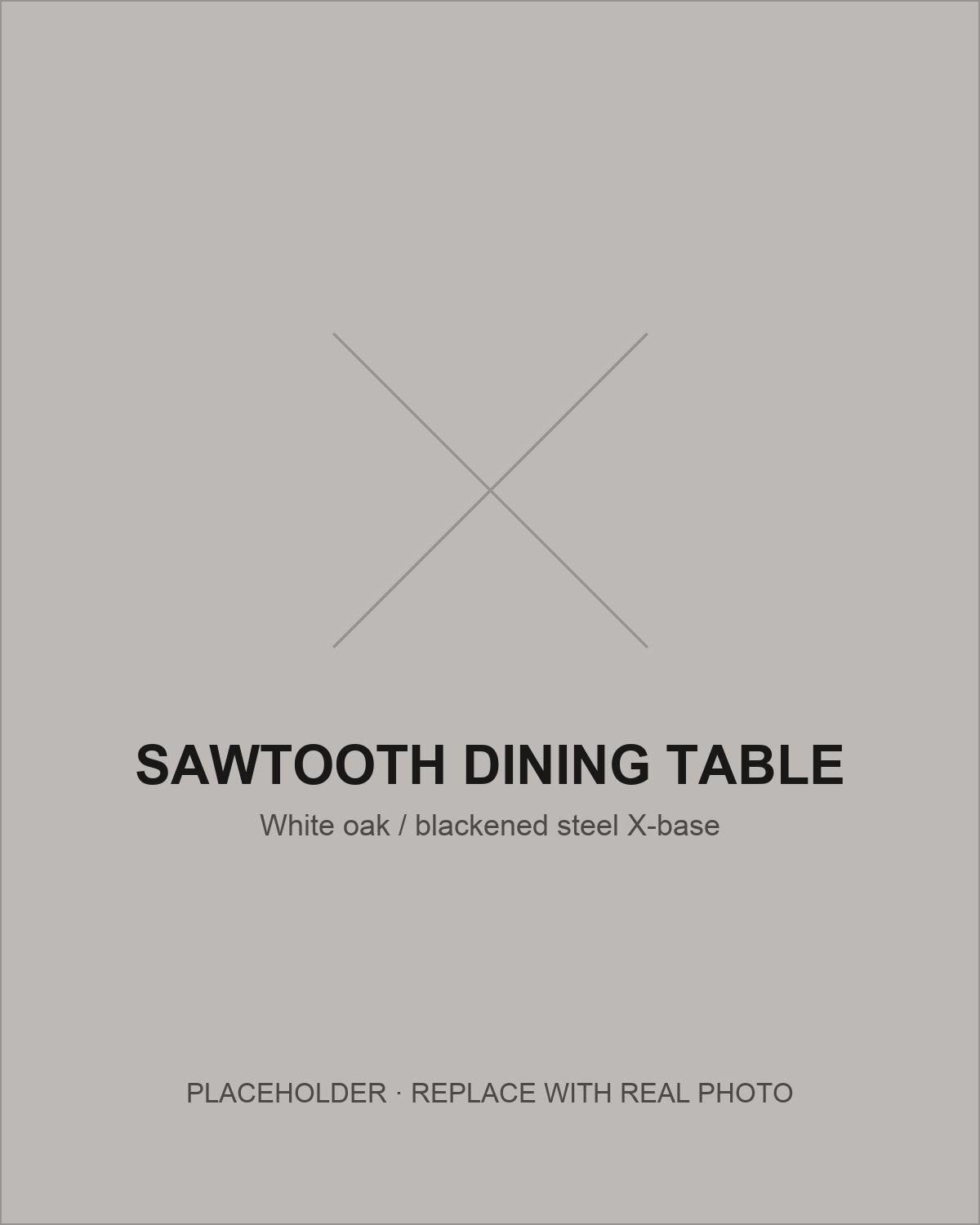 Sawtooth dining table: white oak top with black epoxy line on a blackened steel X-base